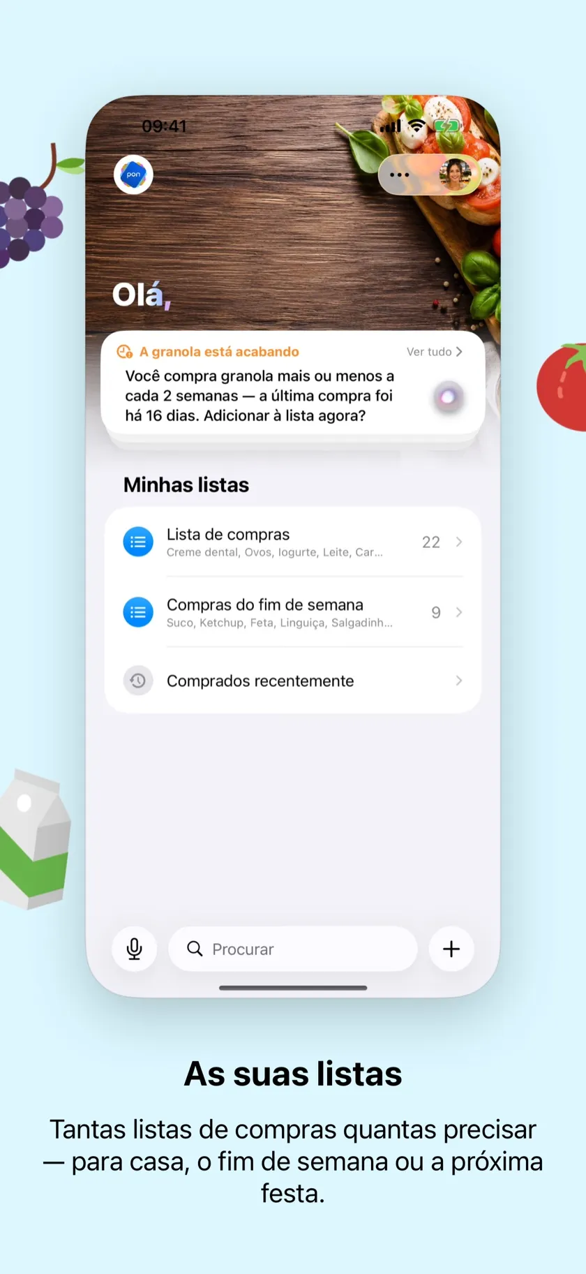A visão geral das listas — com sua saudação que muda