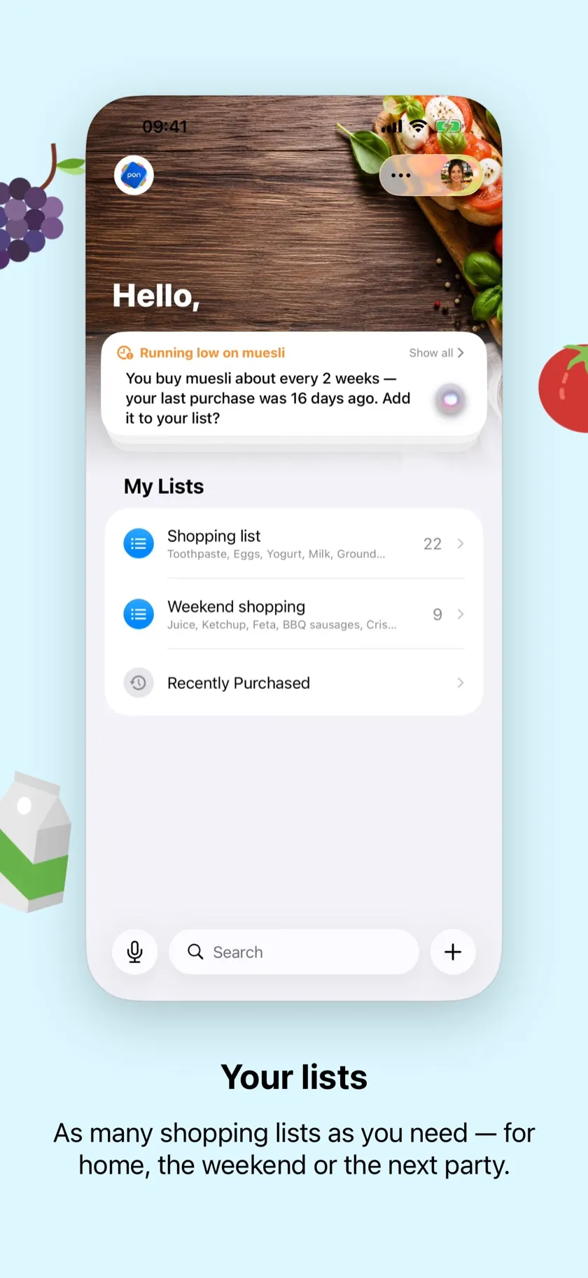 The list overview — with its changing greeting